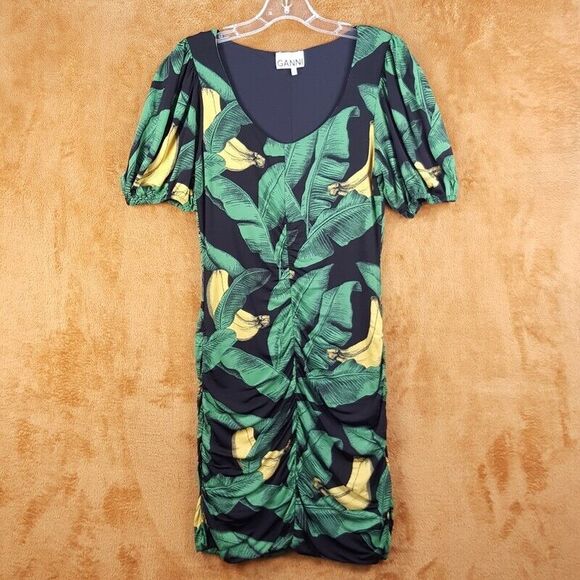 GANNI Womens Dress Size 36 Green Puff Sleeve Ruched Mini Pullover Stretch BANANA - Picture 3 of 12